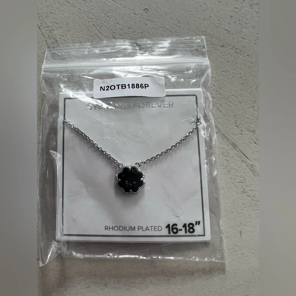 Sterling Forever Necklace Silver Tone Petal Pendant Necklace Black Onyx NEW